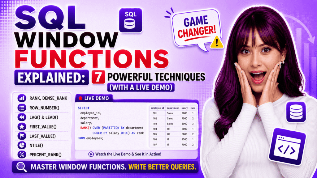 SQL window functions interactive demo showing how RANK() and DENSE_RANK() handle tied rows
