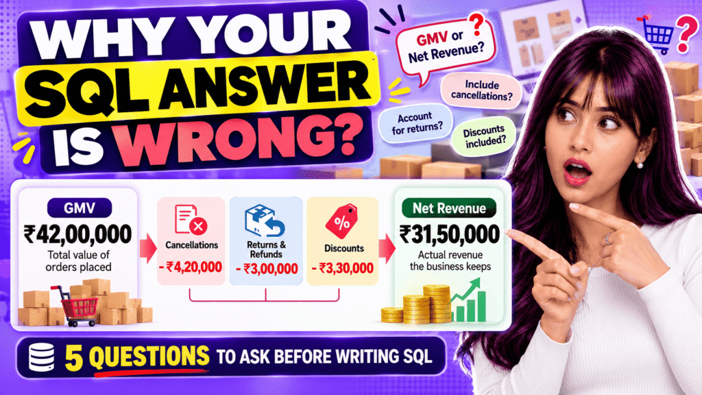 "why your sql answer is wrong — GMV vs net revenue reconciliation example"