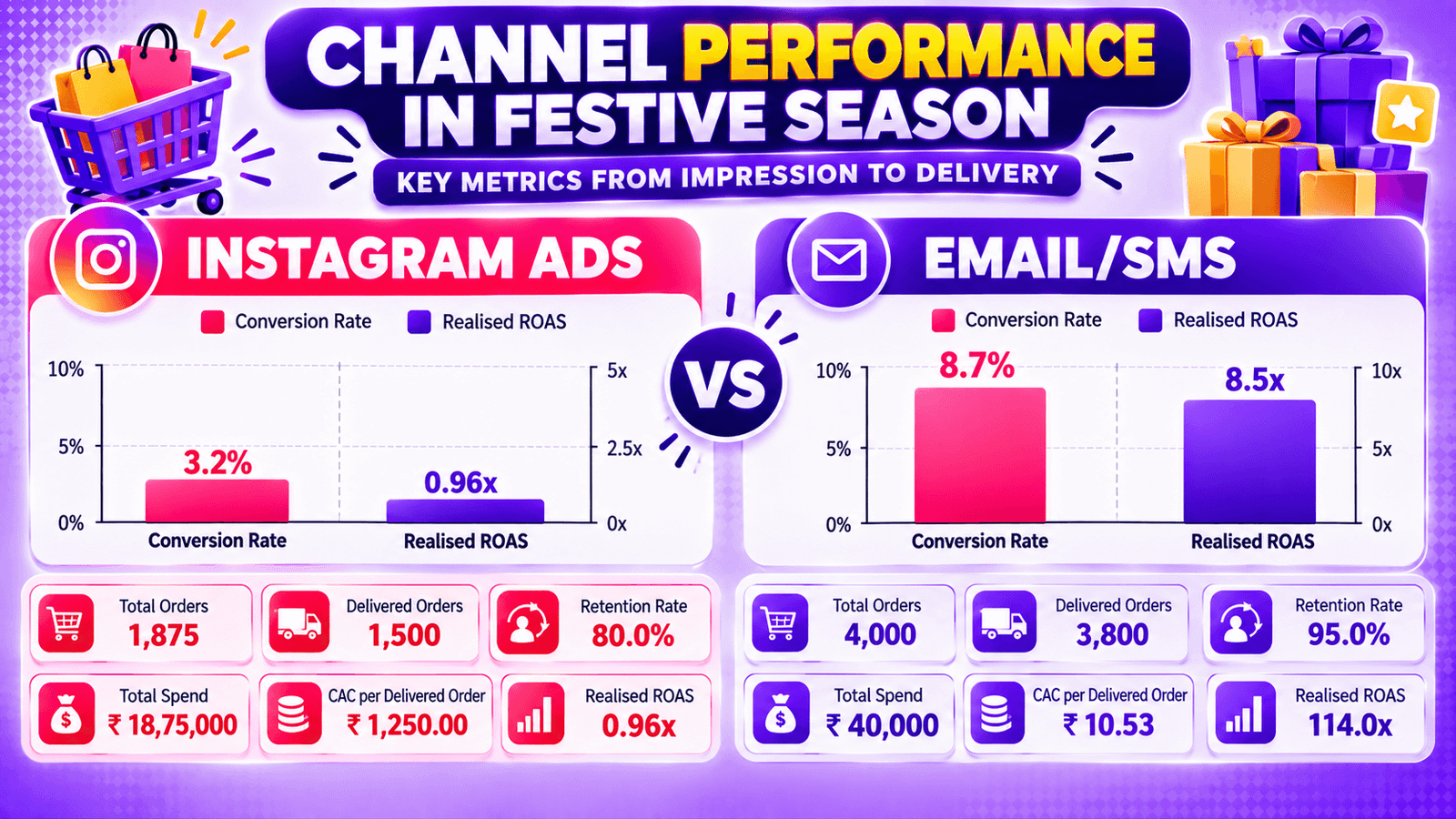 Chart comparing conversion rate and realised ROAS for Instagram Ads and Email/SMS in a festive season funnel analysis