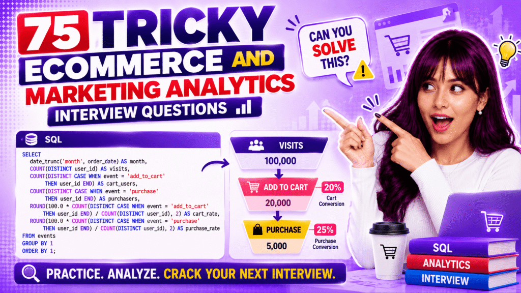 SQL query and funnel chart illustrating ecommerce and marketing analytics interview questions