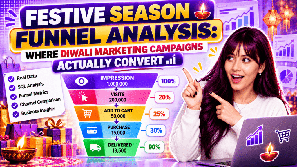Festive season funnel analysis diagram showing five stages from impression to delivery